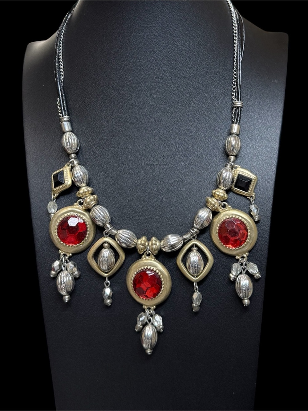 Chico’s Red Black Gold & Silver-Tone Signed Statement Necklace